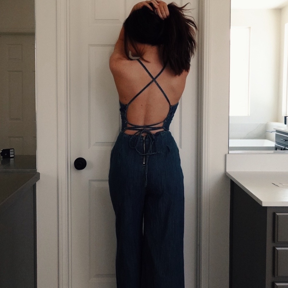 Washed Out Denim Cross Back Jumpsuit